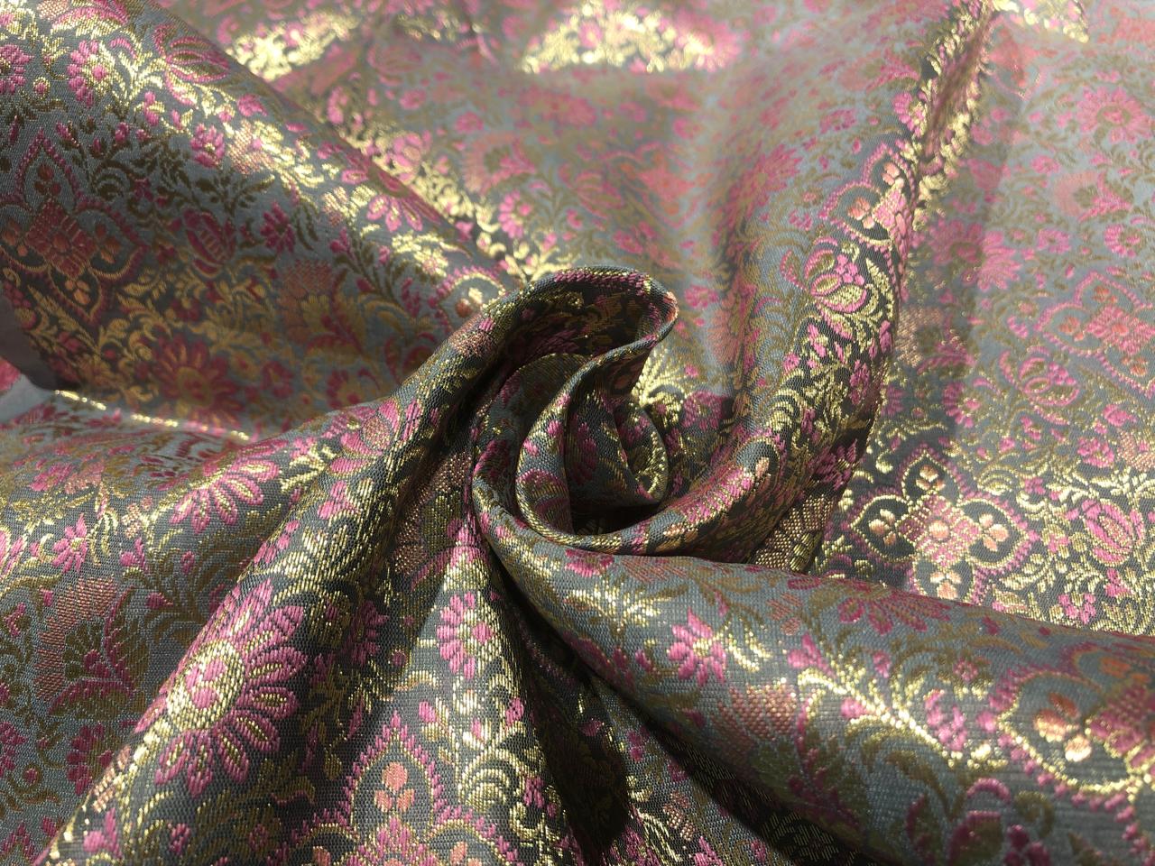 Silk Brocade fabric 44" pink and metallic gold floral jacquard available in 3 colors silver grey, green and pinkBRO1047