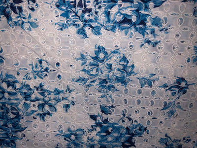100% Cotton white with blue floral printed and hakoba embroidered fabric  58 inches wide 147 cms. [17303]
