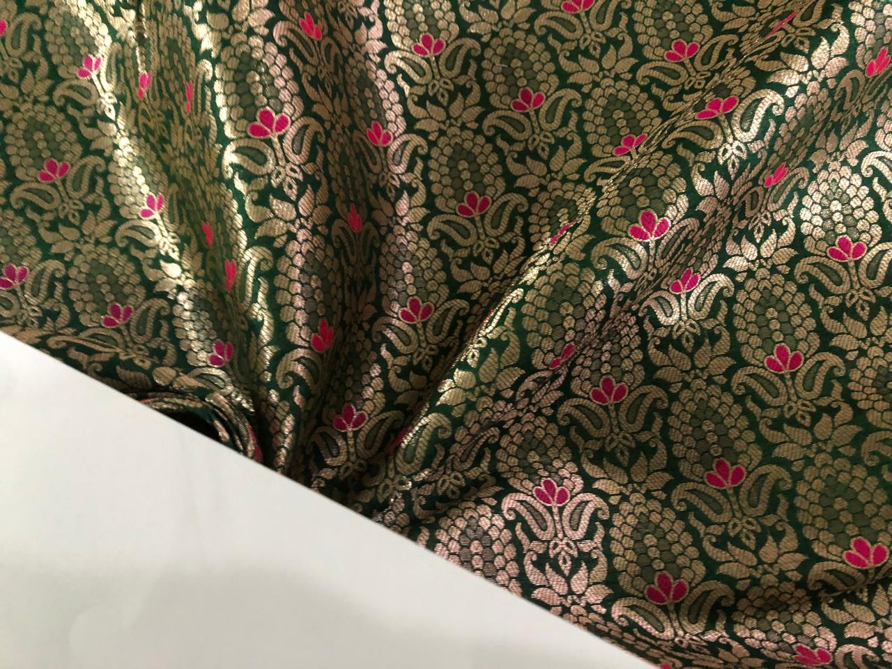 Silk Brocade fabric with metallic gold jacquard 44" wide GREEN AND PINK BRO945[4]