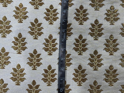 Silk Brocade fabric 44" dark ivory with antique gold jacquard motifs available in 2 designs leaf and paisley BRO1053