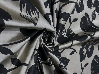 100% silk Dupion fabric brushed  gold with black floral print 54" wide DUPPRT42