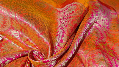 Silk Brocade Fabric  jacquard 44" wide  BRO974A available in 3 colors peacock green/deep olive and pink x orange