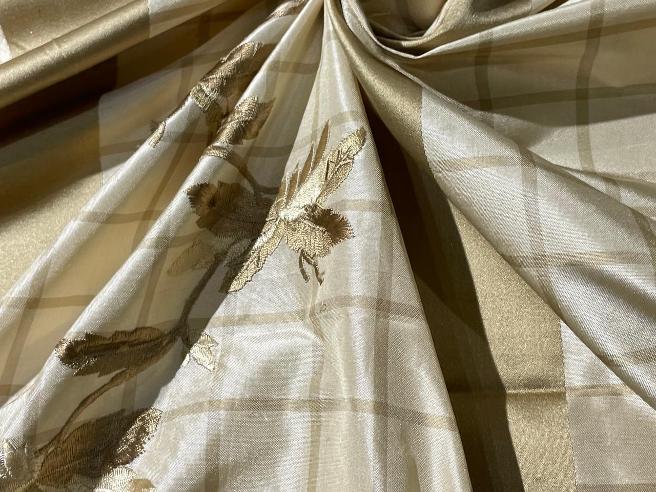 100% Silk Taffeta  Fabric  CREAM AND GOLD PLAIDS WITH GOLD EMBROIDERED  LEAVES TAFE24