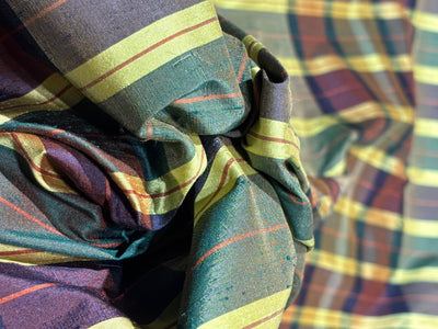 100% silk dupion  Plaids fabric with slubs  yellow, burgandy , green, brown and black 54" wide DUPNEWC29[1]