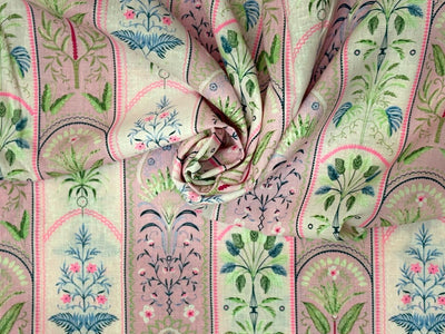 Linen 70% ,Cotton 30% print pink and white floral stripes 56" wide [18432]