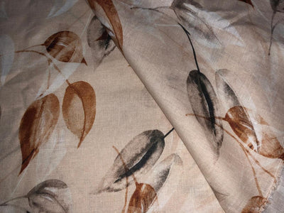 100% linen  digital print fabric 58" wide SAND BEIGE WITH BARK BROWN AND BROWN COLOR LEAVES [16111]