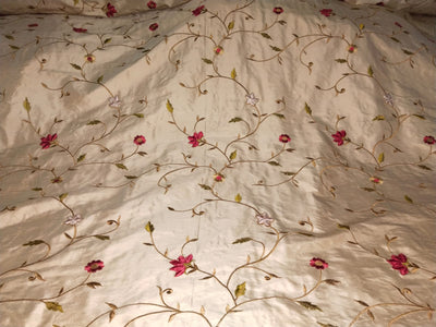 100% Dupioni SILK  fabric 110" wide IVORY WITH FLORAL EMBROIDERY [DUPEMB68_110"EMB]]