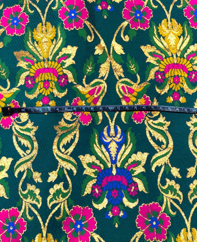 Silk Brocade heavy  fabric 58" emerald green with bright pink, royal blue and mustard gold x metallic gold BRO1039[1]