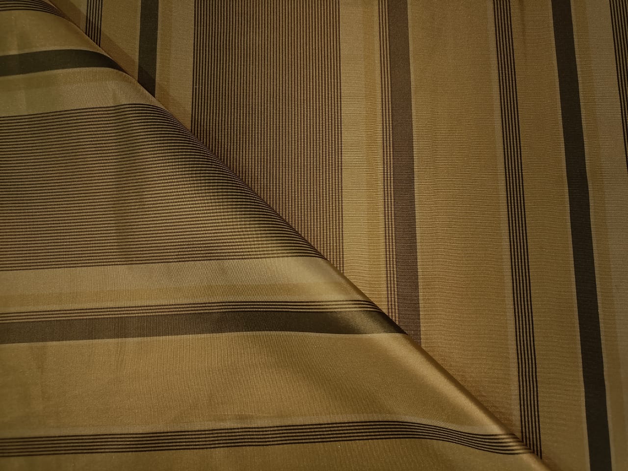 100% Silk Taffeta Fabric Blackish Green &amp; Gold stripes 54" wide TAF#S75