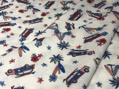 100% Cotton Linen  56" wide resort wear palm, surf board ,car  print [17289]