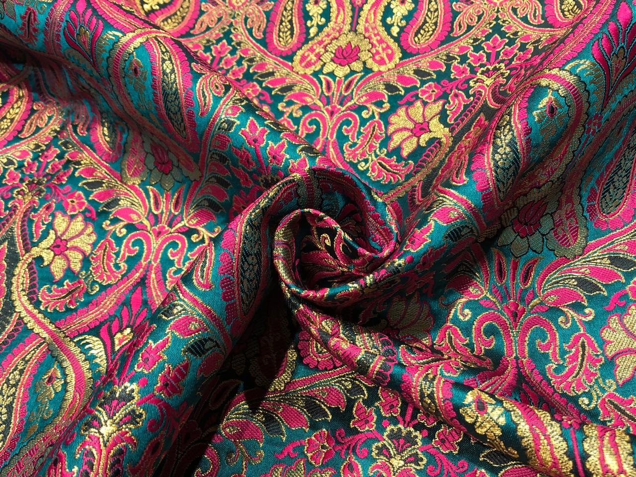 Silk Brocade fabric 44" teal green and pink  x metallic gold jacquard  BRO1044[1]