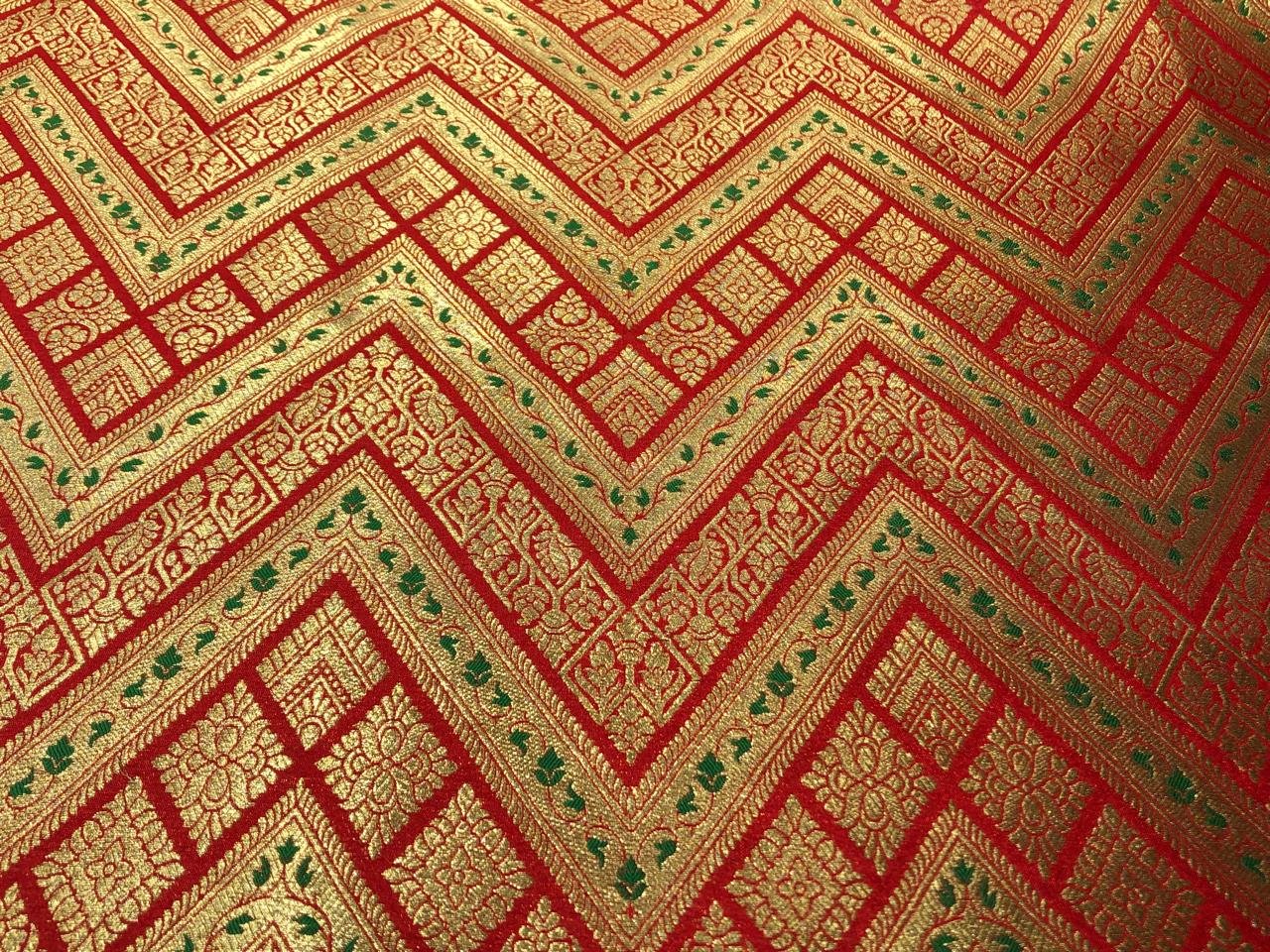 Silk Brocade fabric 44"red color geometric triangles x metallic gold jacquard and a hint of green leaves  BRO1044[2]