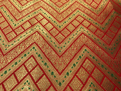 Silk Brocade fabric 44"red color geometric triangles x metallic gold jacquard and a hint of green leaves  BRO1044[2]
