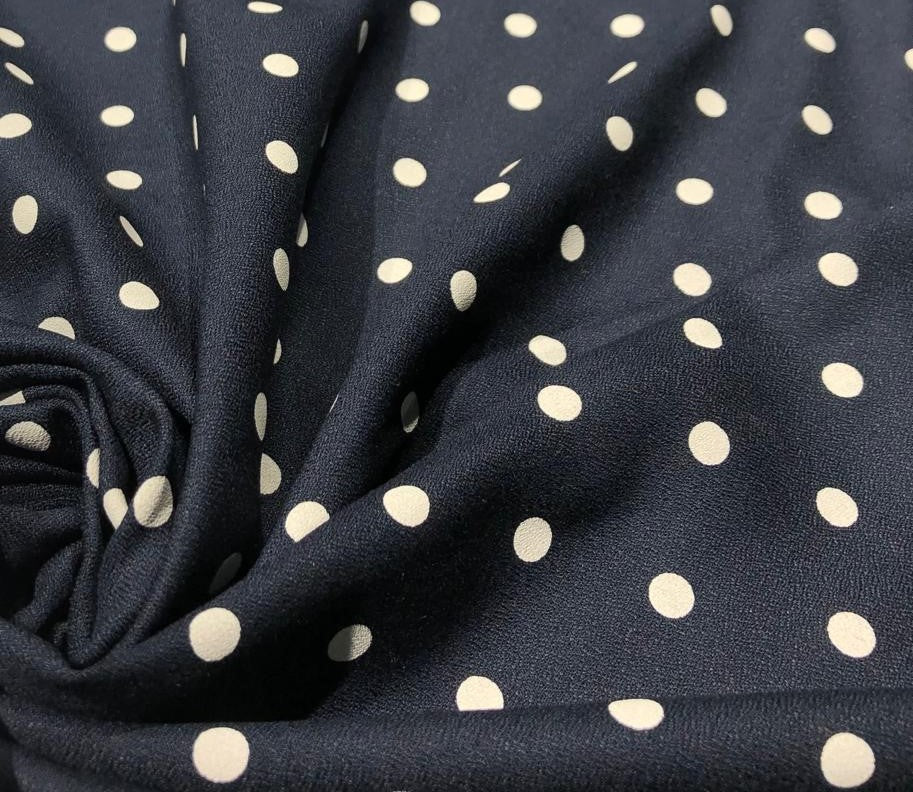 Viscose Moss Crepe navy color with white polka dot print 58&quot; wide &quot; [17558]