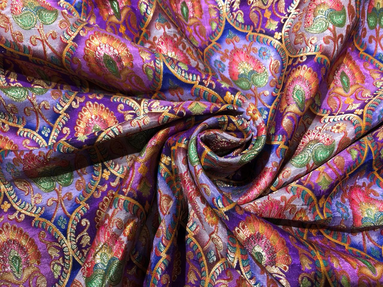 Silk Brocade Fabric beautiful jacquard  in multi colors 44""wide available in 4 color choices shades of greens/shades of blue and pink/shades of purple and pink and shades of olive and sea green   BRO967