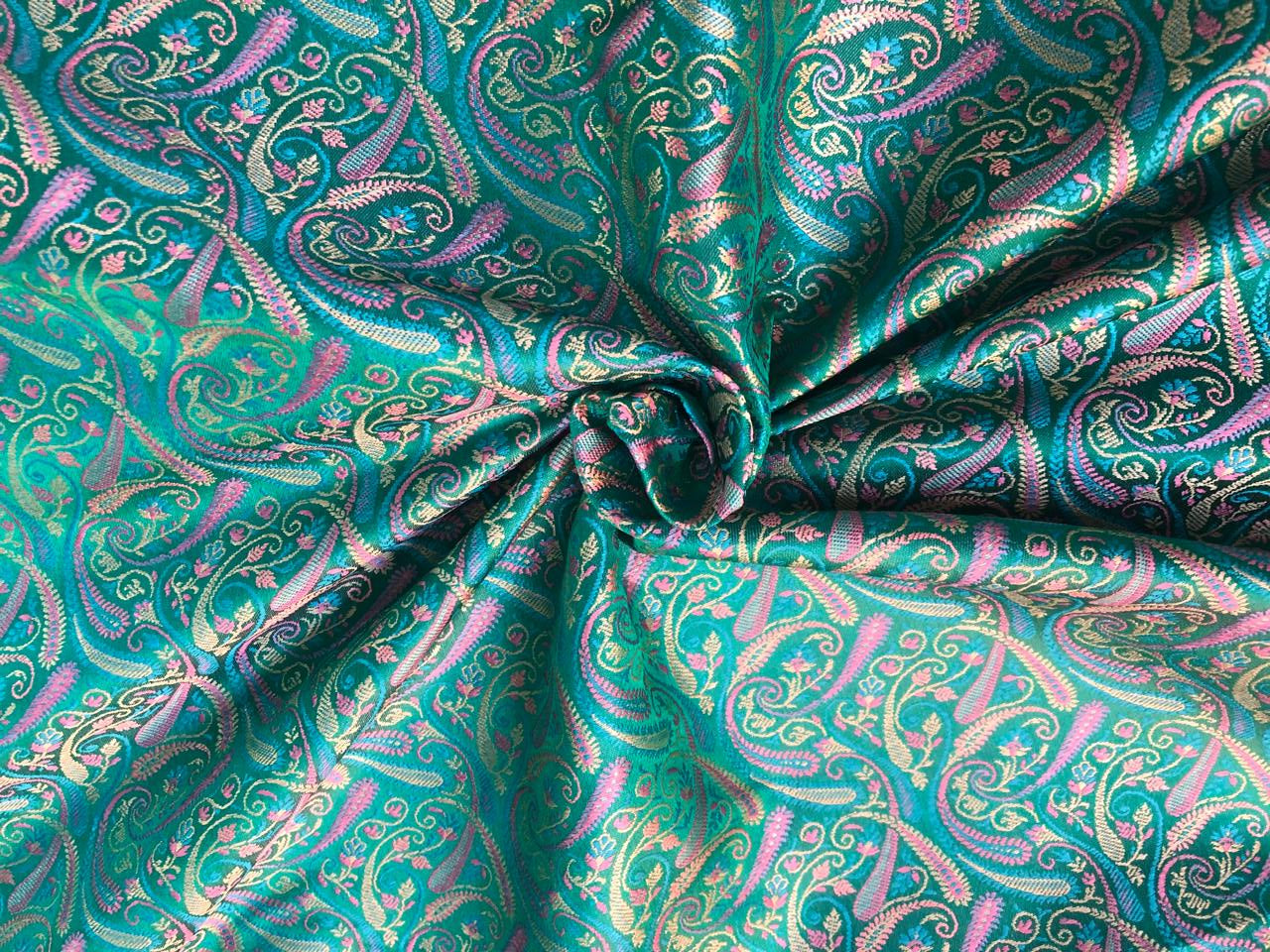 Silk Brocade fabric multi color paisleys available in 4 colors red , green , minty olive and silver BRO1089