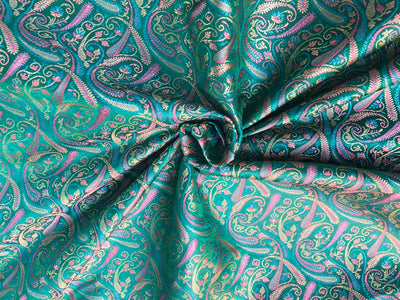 Silk Brocade fabric multi color paisleys available in 4 colors red , green , minty olive and silver BRO1089