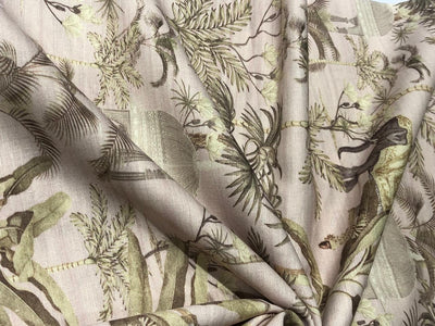 100% linen  digital print fabric 44" wide available in 4 PRINTS CREAM ABSTRACT WITH SEA GREENS,GREENY GREY FLORAL,ELEPHANT AND BLACK AND CREAMK FLORAL