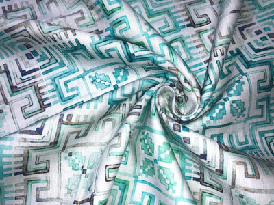 100% linen  digital print fabric 44" wide available in 4 PRINTS CREAM ABSTRACT WITH SEA GREENS,GREENY GREY FLORAL,ELEPHANT AND BLACK AND CREAMK FLORAL