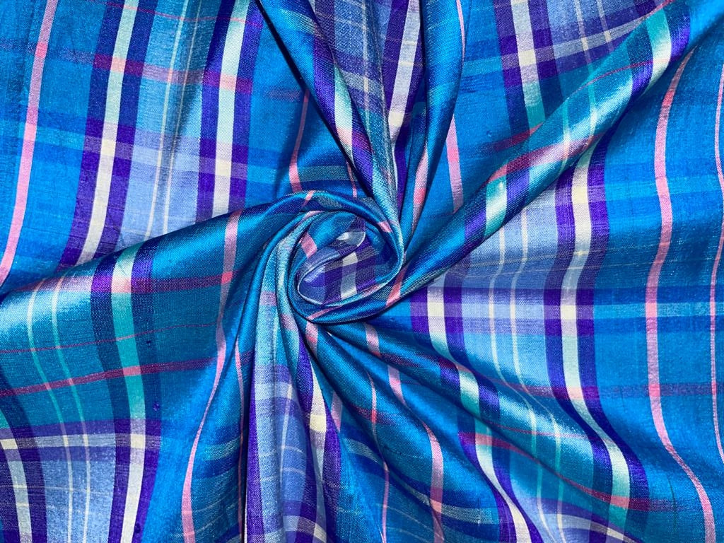 SILK DUPIONI Scottish tartan  plaids blue pink color 44" wide DUPC64