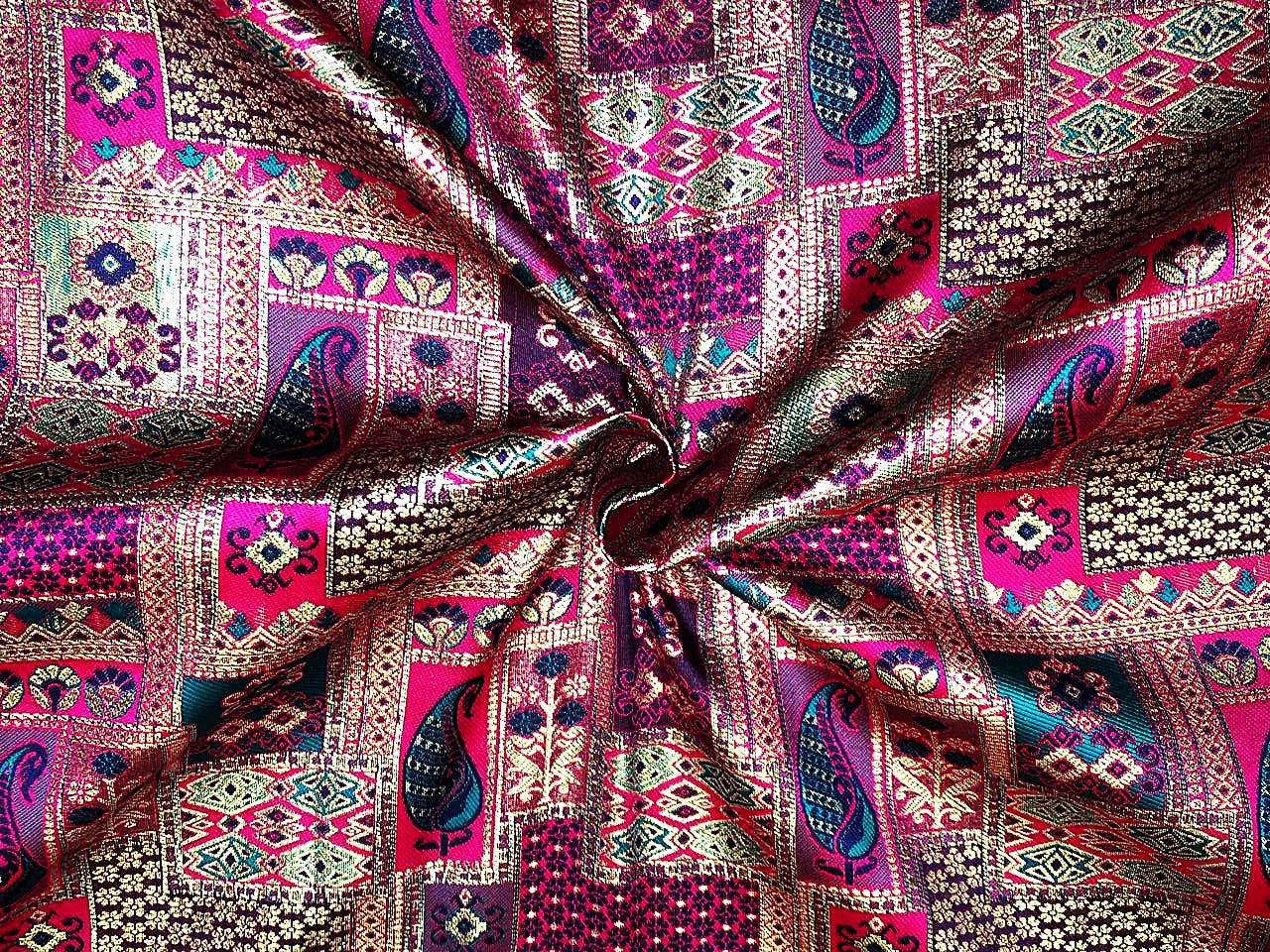 Silk Brocade fabric squares and rectangle motifs with intricate designs within available in pinks ,navy and deep bottle green  BRO1095