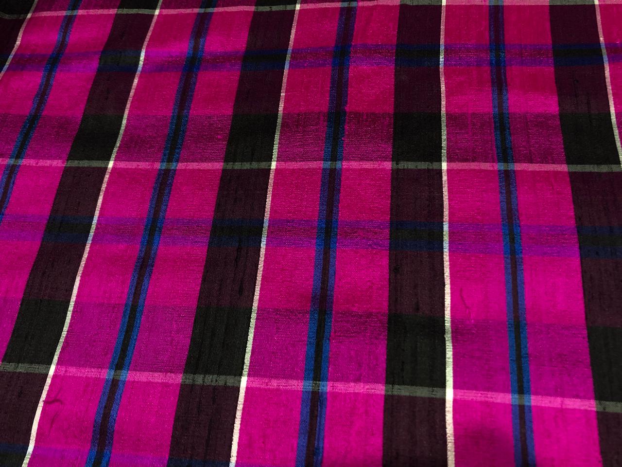 100% silk dupion  Plaids fabric with slubs bright pink, violet, burgandy ,blue and black 54" wide DUPNEWC28[1]