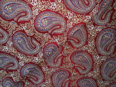 100% Silk dupioni EMBROIDERY 44" WIDE red color with blue paisley embroidery DUPE71