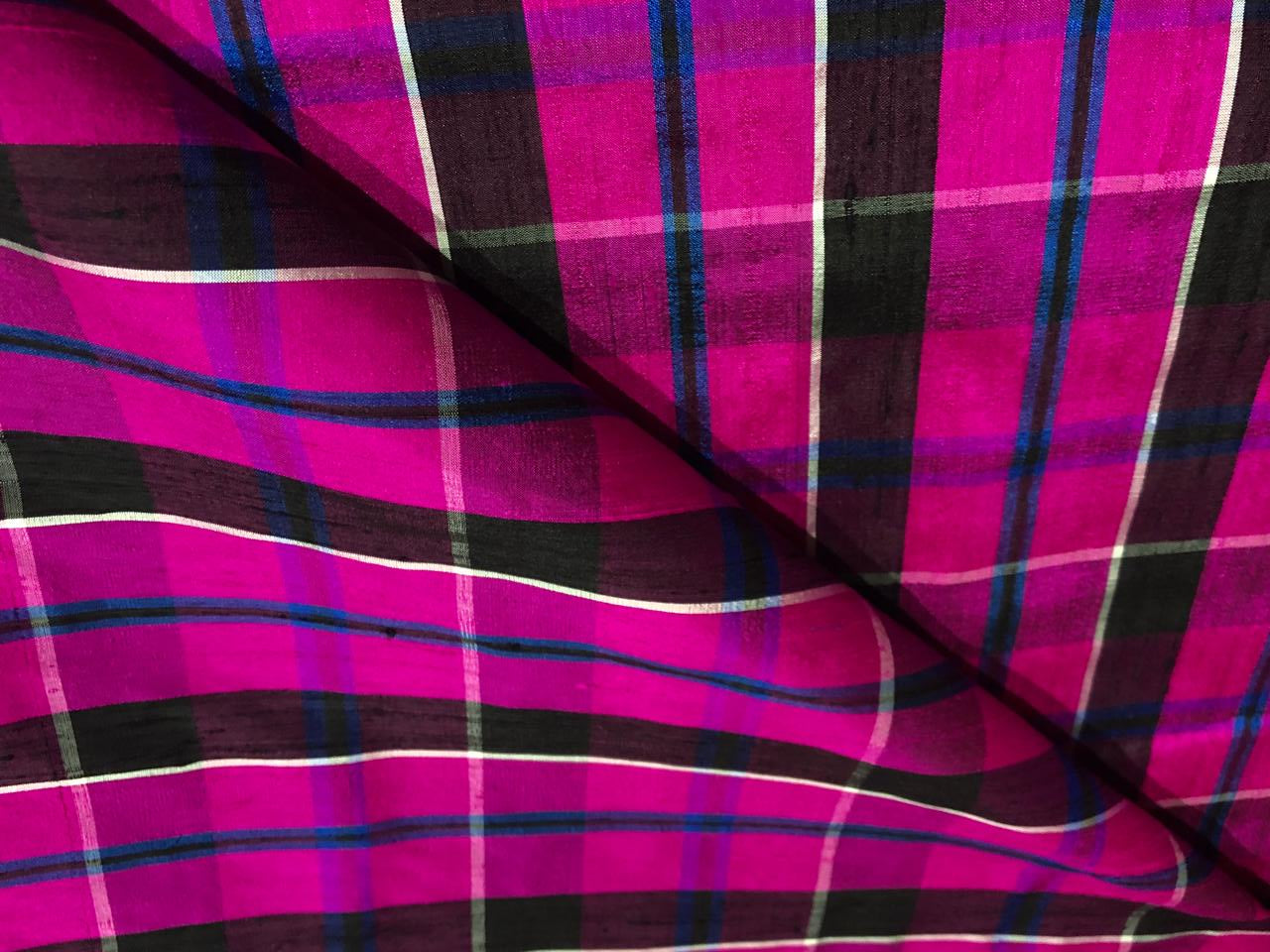 100% silk dupion  Plaids fabric with slubs bright pink, violet, burgandy ,blue and black 54" wide DUPNEWC28[1]