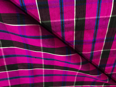 100% silk dupion  Plaids fabric with slubs bright pink, violet, burgandy ,blue and black 54" wide DUPNEWC28[1]