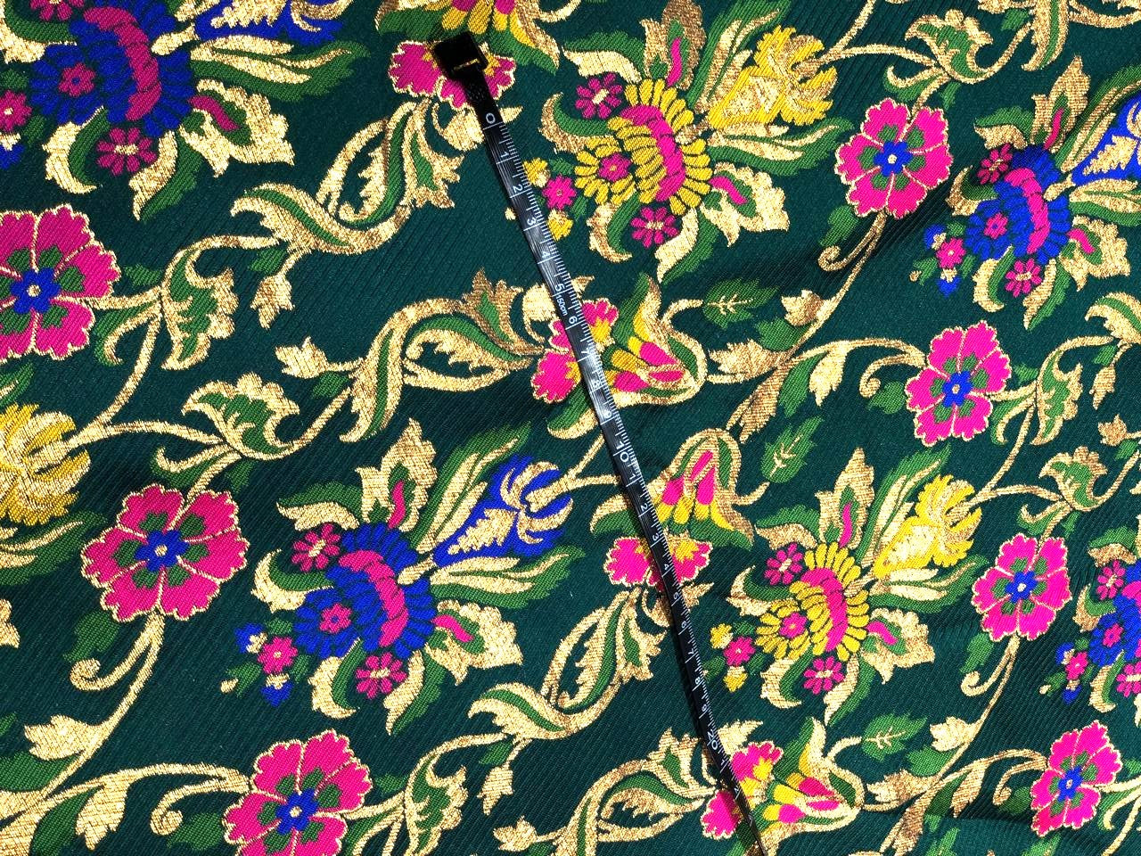 Silk Brocade heavy  fabric 58" emerald green with bright pink, royal blue and mustard gold x metallic gold BRO1039[1]