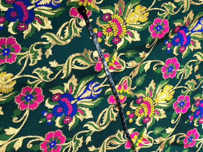 Silk Brocade heavy  fabric 58" emerald green with bright pink, royal blue and mustard gold x metallic gold BRO1039[1]