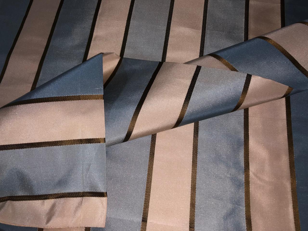 100% SILK TAFFETA IVORY ,SLATE BLUE AND GOLD  STRIPE 54" wide TAFSNEW10[1]