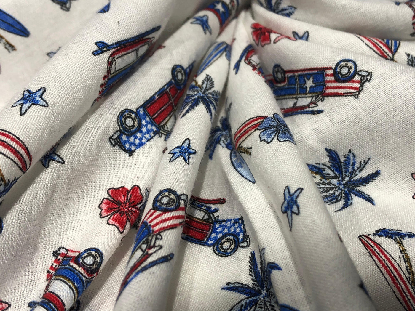 100% Cotton Linen  56" wide resort wear palm, surf board ,car  print [17289]