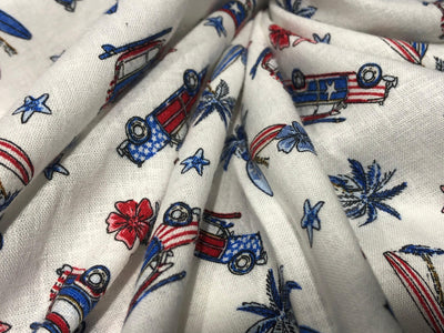 100% Cotton Linen  56" wide resort wear palm, surf board ,car  print [17289]