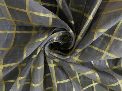 Cotton chanderi fabric plaids shade of grey &amp; metallic gold 44" wide [9260]