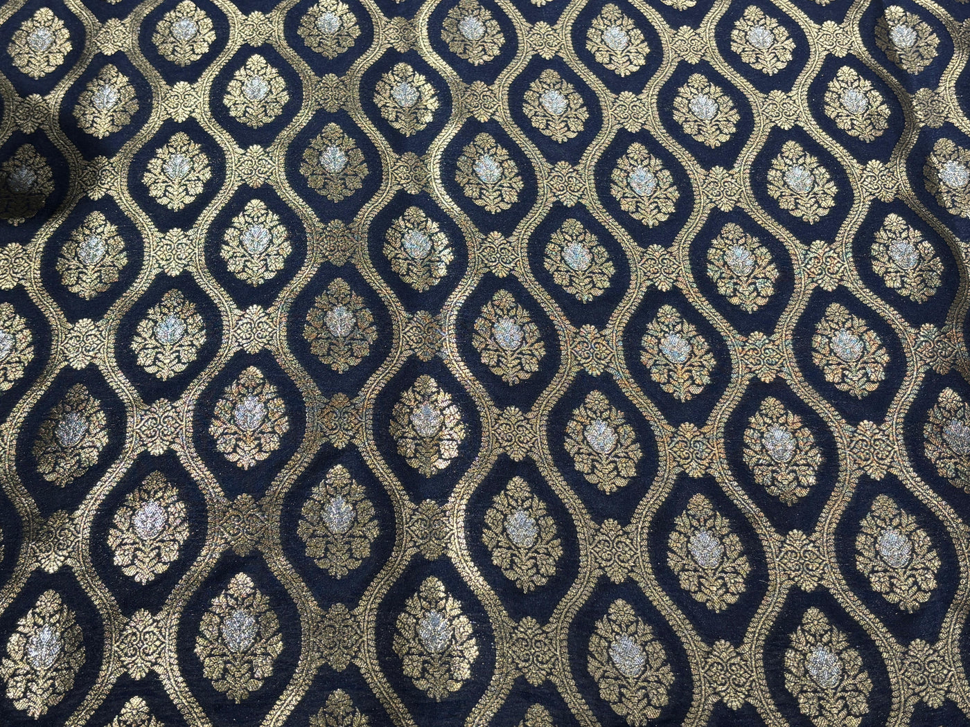 Silk Brocade fabric 44" dark navy with silver and gold metallic jacquard  motif BRO1055[1]