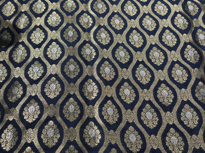 Silk Brocade fabric 44" dark navy with silver and gold metallic jacquard  motif BRO1055[1]