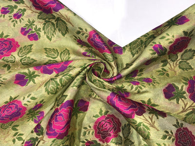 Brocade Fabric Mint  with pink purple rose Jacquard x metallic gold  Color 44" WIDE BRO982[1]