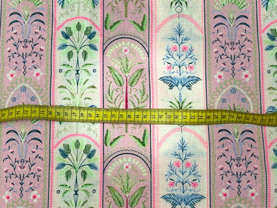 Linen 70% ,Cotton 30% print pink and white floral stripes 56" wide [18432]