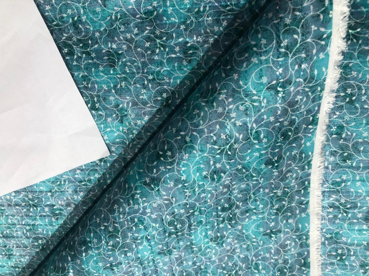 Silk Brocade fabric  with a spray of teal and sea green color and white floral vine Jacquard with subtle sequence 54" wide BRO942[3] option of buying a matching solid too