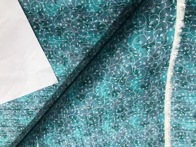 Silk Brocade fabric  with a spray of teal and sea green color and white floral vine Jacquard with subtle sequence 54" wide BRO942[3] option of buying a matching solid too