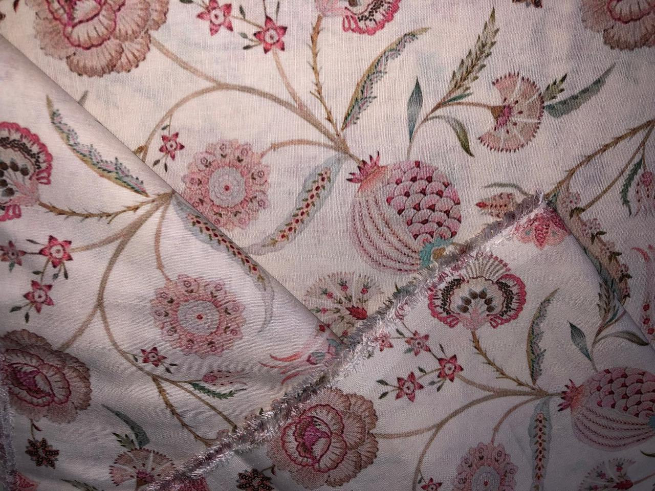 100% linen FLORAL digital print fabric 44" wide available in 2 colors grey/pink and ivory/pink