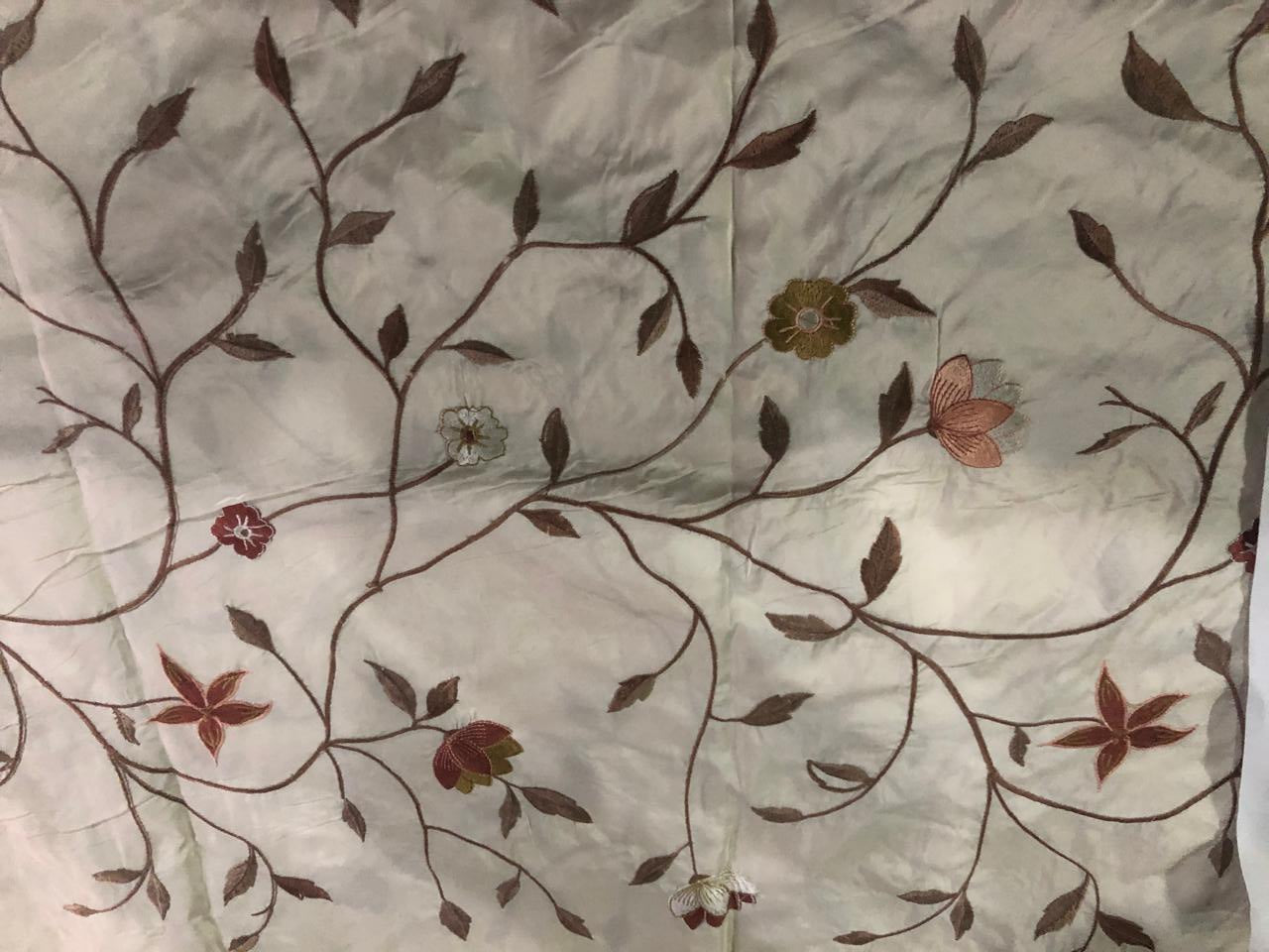 100% Silk TAFETTA EMBROIDERY 44" WIDE ivory  with  brown flowers TAFE22[1]