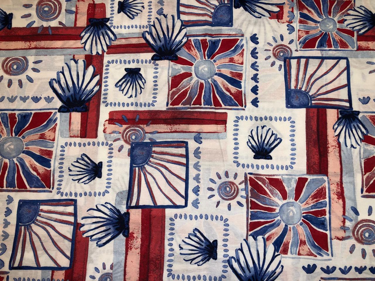 100% Cotton white ivory with brushed paint  print look red and blue abstract 56" wide [18342]