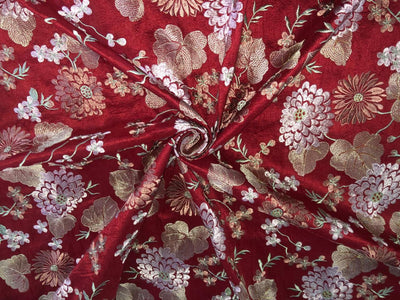 100% Silk dupioni EMBROIDERY 44" WIDE red color with pink and green floral embroidery and subtle metallic gold DUPE70