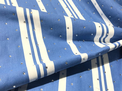 100% Cotton Denim  Fabric 58" wide BLUE WHITE STRIPE WITH RHINESTONES [16862]