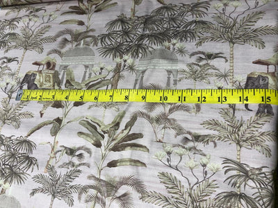 100% linen  digital print fabric 44" wide available in 4 PRINTS CREAM ABSTRACT WITH SEA GREENS,GREENY GREY FLORAL,ELEPHANT AND BLACK AND CREAMK FLORAL