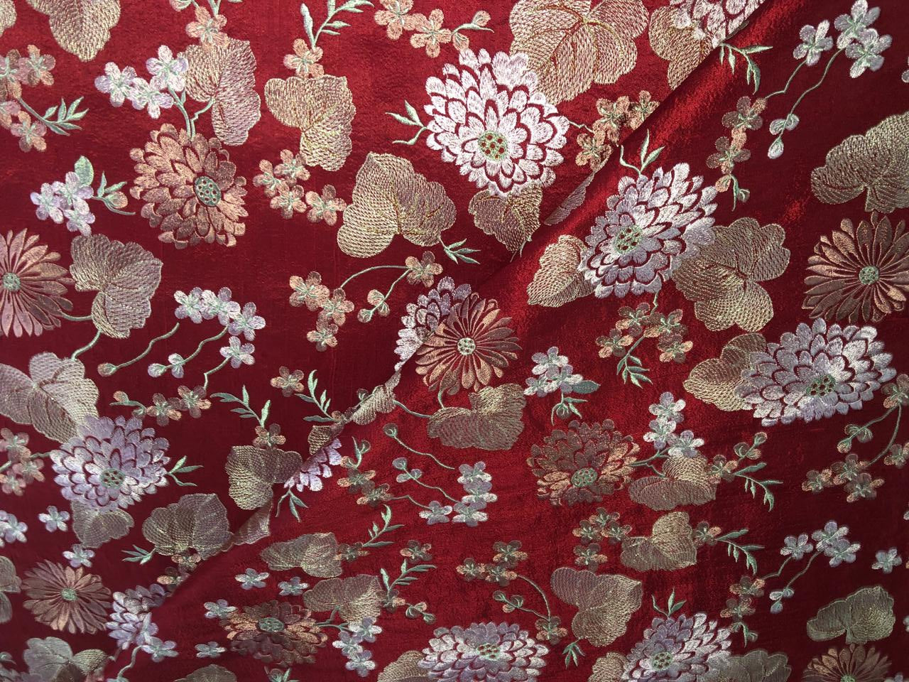 100% Silk dupioni EMBROIDERY 44" WIDE red color with pink and green floral embroidery and subtle metallic gold DUPE70