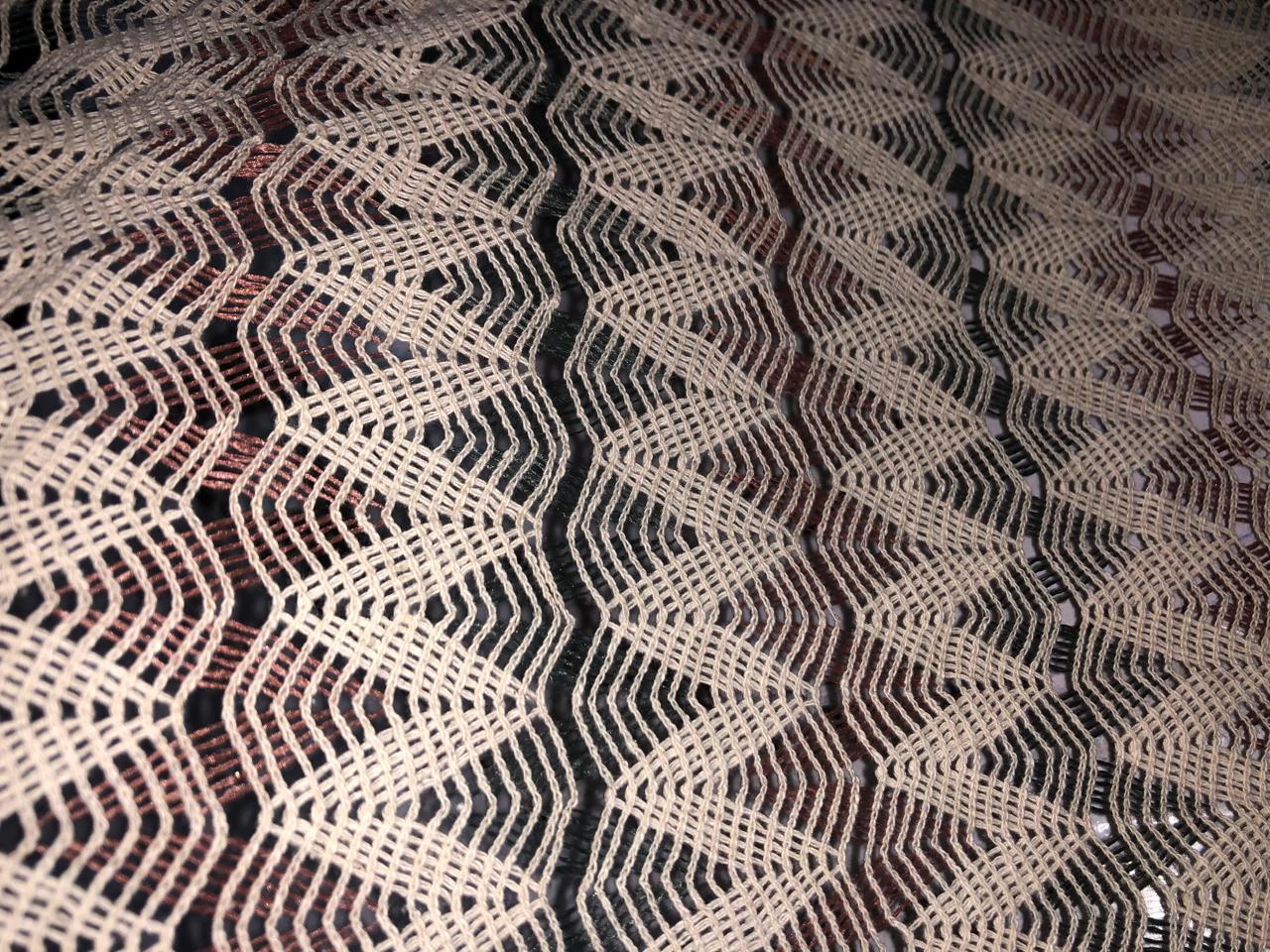 Cotton x jute fancy LACE overlay fabric offers intricate woven patterns 72"available in  2 designs diamond with squares and brown,green and cream triangles