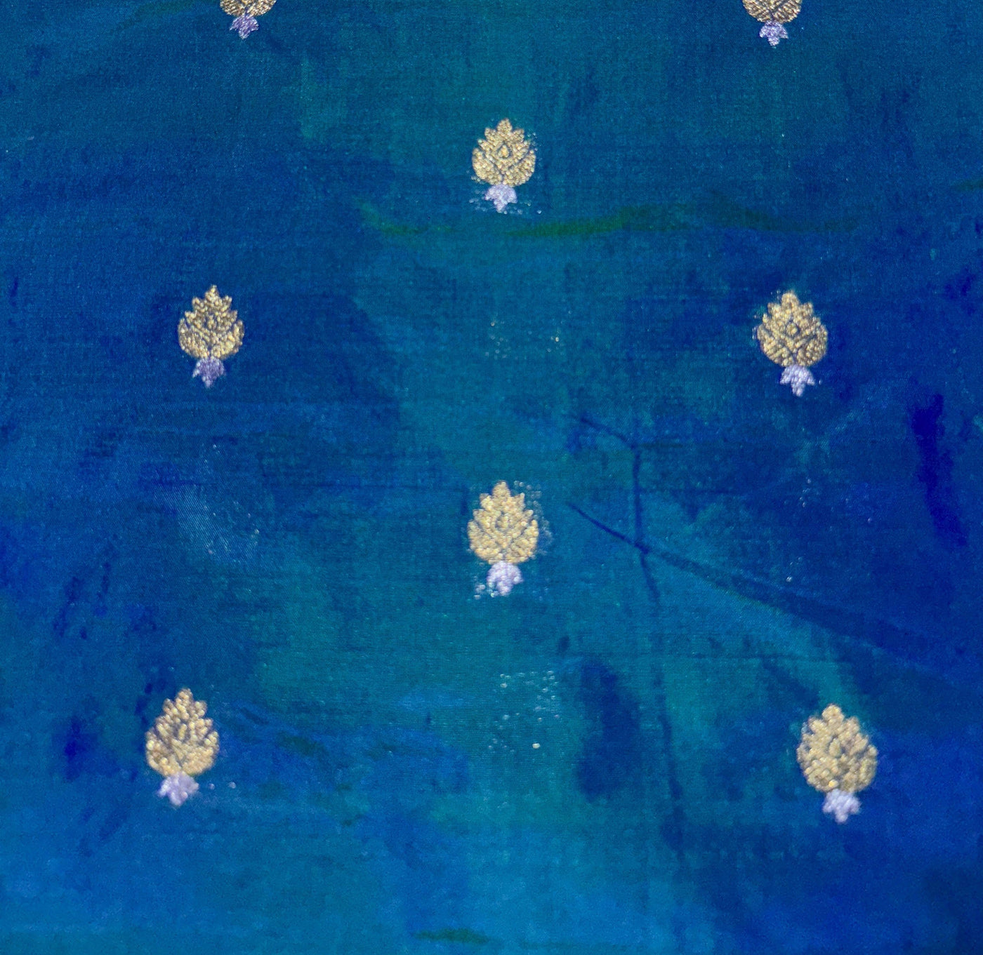 100% PURE Silk Brocade fabric 44" wide BLUE X GREEN [KINGFISHER BLUE]2 tone with small metallic gold ,silver motifs BRO914[6]